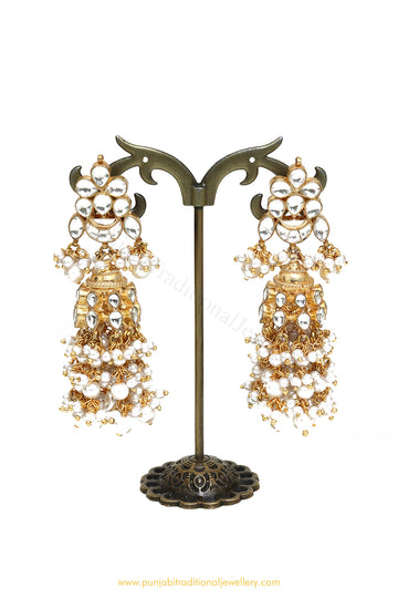Gold Finished Pearl Kundan Jhumki Earrings by PTJ